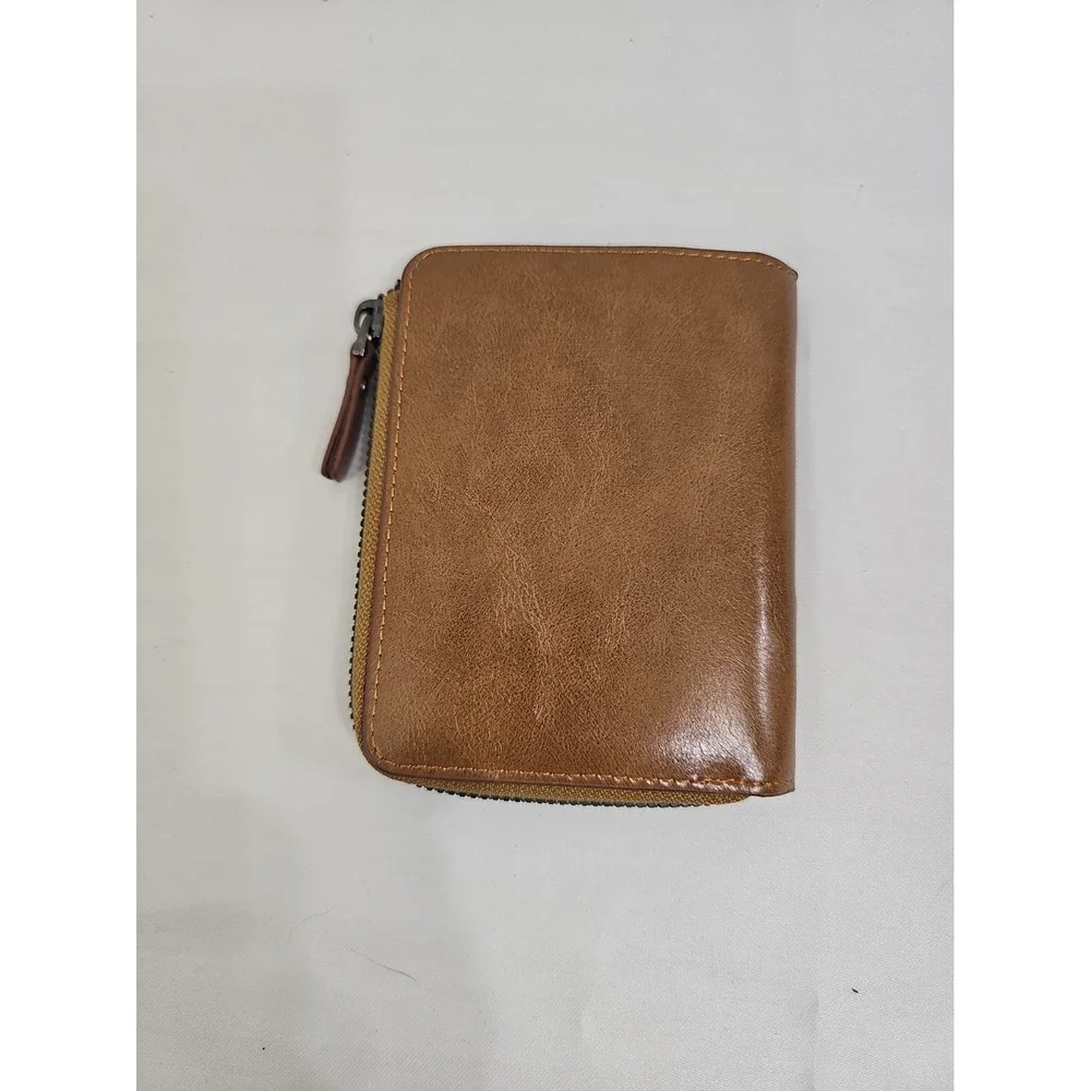 AIKS Kangaroo Mens Bi-Fold Faux Leather RFID Blocking Camel Tan Wallet Zips Up
